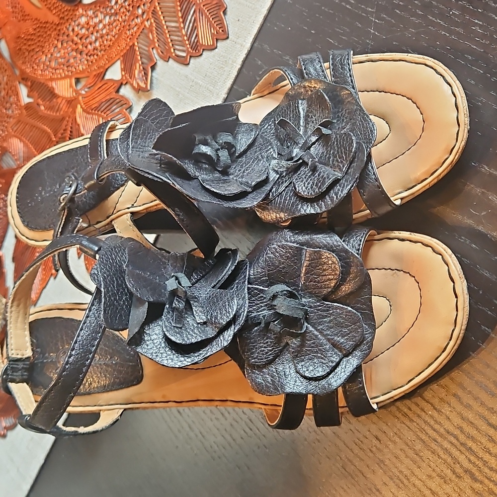 Black Leather Born Crown Floral Women's Sandals